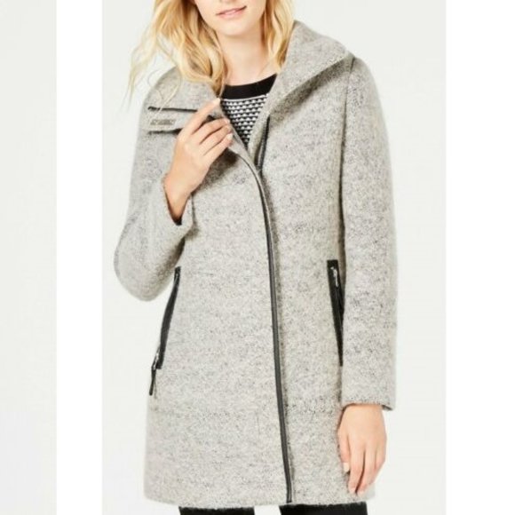 Calvin Klein Women's Faux-Leather-Trim Bouclé Long Sleeve Coat | Tin - PXS - Picture 1 of 2